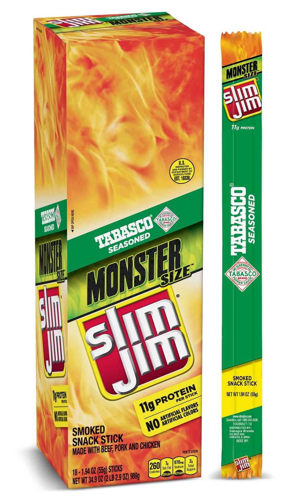 Slim Jim Monster Size Tabasco Smoked Snack Sticks Monster Meat Sticks (0.32 oz)