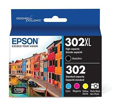 Epson T302XL/T302 Black High Yield and Cyan/Magenta/Yellow Standard Yield Ink Cartridge, 5/Pack (T302XL-BCS)