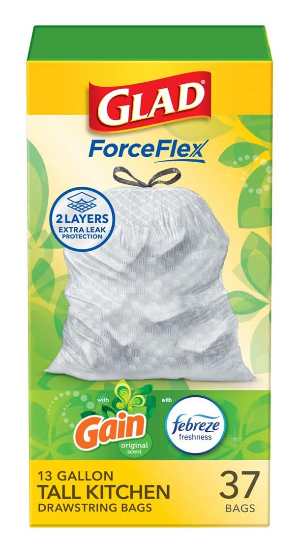 Glad Forceflex Tall Kitchen Drawstring Trash Bags 13 Gal, Gain (37 ct)