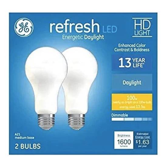 GE Refresh A21 HD LED Lightbulb, Daylight, Dimmable, 100W Replacement, 13.5W, 1600 Lumens, Frosted Finish, 2 CT