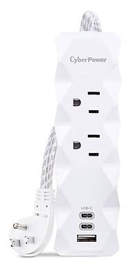 CyberPower P203UCW Home Office 2-Outlet Surge Protector, 2-USB-C Ports, 1-USB-A Port, 3 ft. Cord, 350J Surge Suppression, White