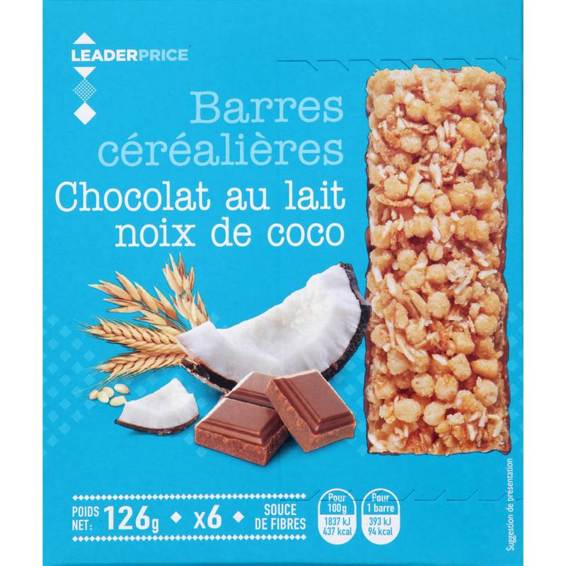 Barre céréales au chocolat lait et coco Leader price 6x21g
