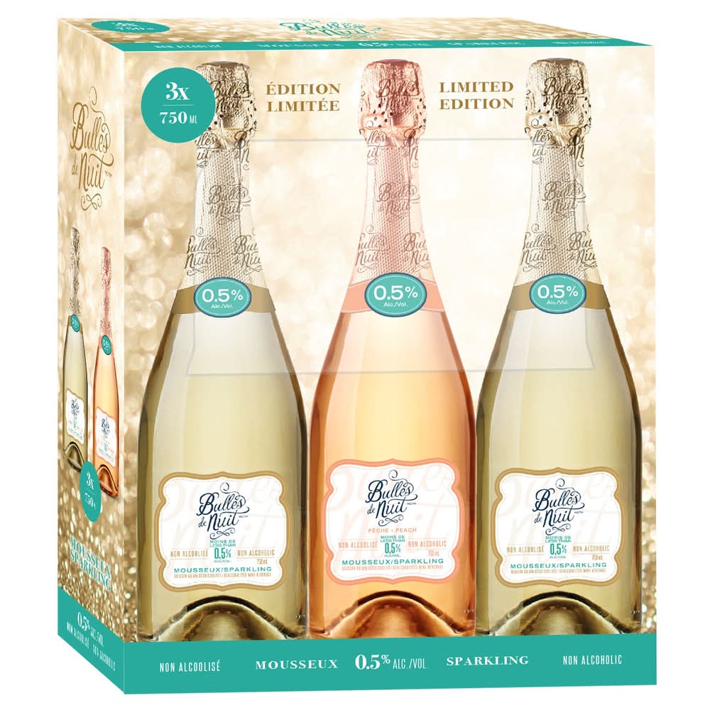 Bulles De Nuit - Boisson Au Vin Mousseux Non Alcoolisé, 3 × 750 Ml / Bulles De Nuit, Non Alcoholic Sparkling Wine Beverage, 3 × 750 Ml