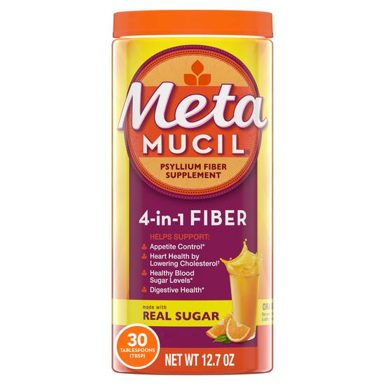 Metamucil, 4-in-1 Psyllium Fiber Supplement Powder with Real Sugar, Orange, 30 Servings