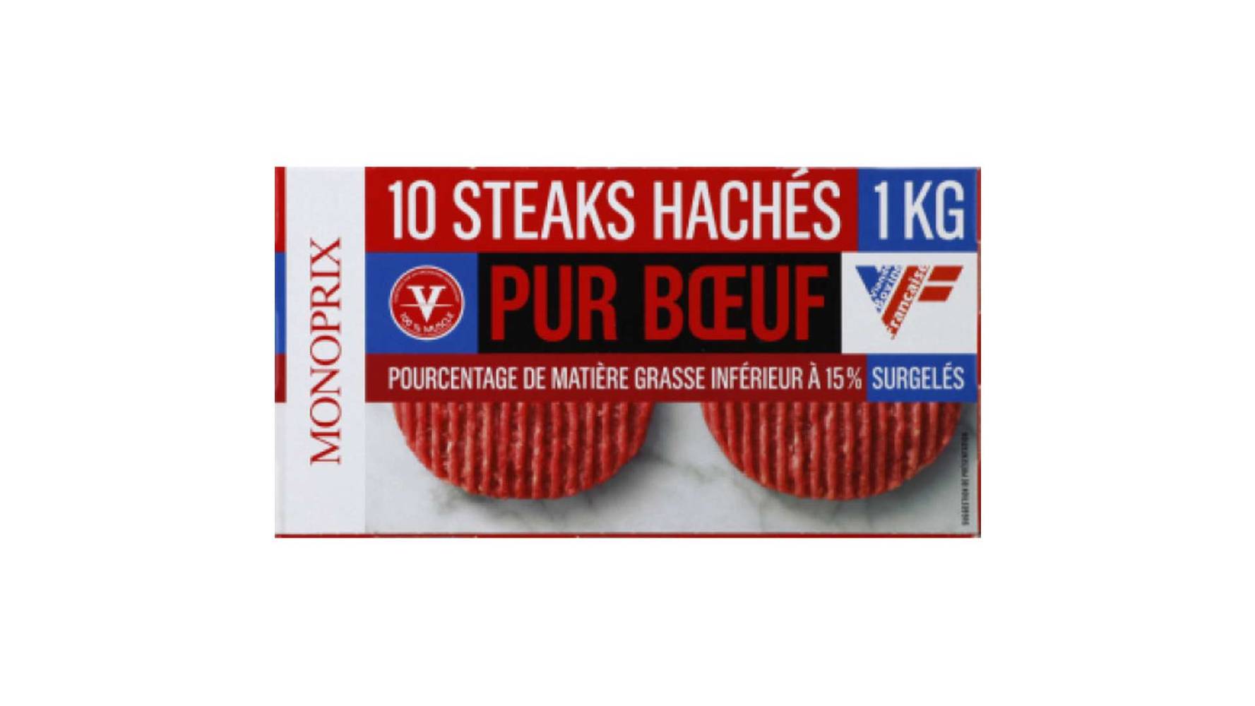 Monoprix Steaks hachés pur boeuf 15% mg, surgelés La barquette de 10, 1kg