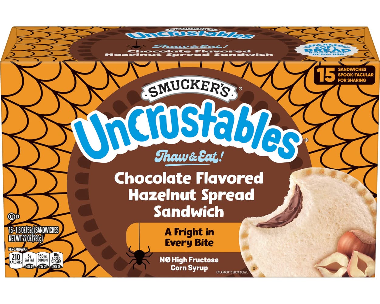 Smucker's Uncrustables Hazelnut Spread Sandwich, Chocolate (15 x 1.8 oz)