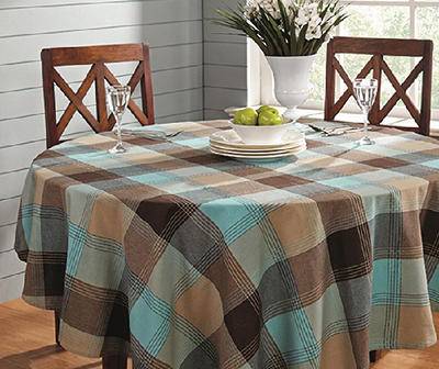 Broyhill Plaid Print Round Cotton Tablecloth, Mineral Blue- Brown