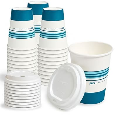 Perk™ Paper Cup & Lid Combo, 12 Oz., White/Blue, 50/Pack (PK54365)