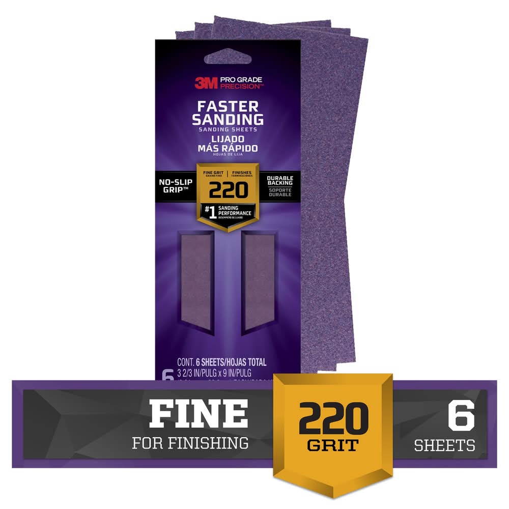 3M PRO Grade Precision Fine 220 -Grit Sheet Sandpaper 3.67-in W x 9-in L 6 -Pack