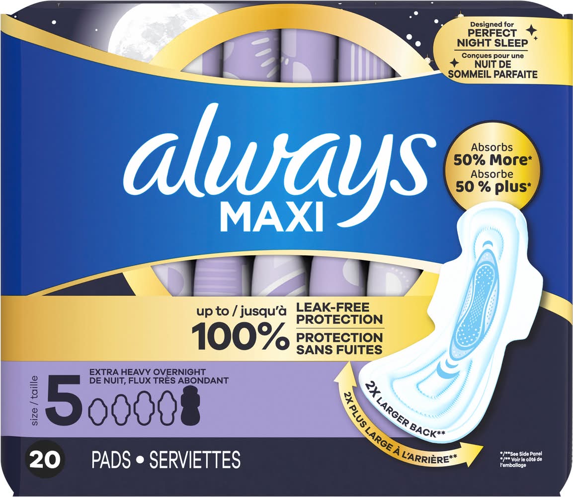 Always Maxi Extra Heavy Overnight Flow Pads, Women, 5 (20 ct)