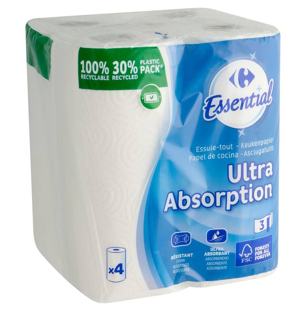 Carrefour Essential Keukenpapier Ultra Absorption 3-Lagen 4 Rollen