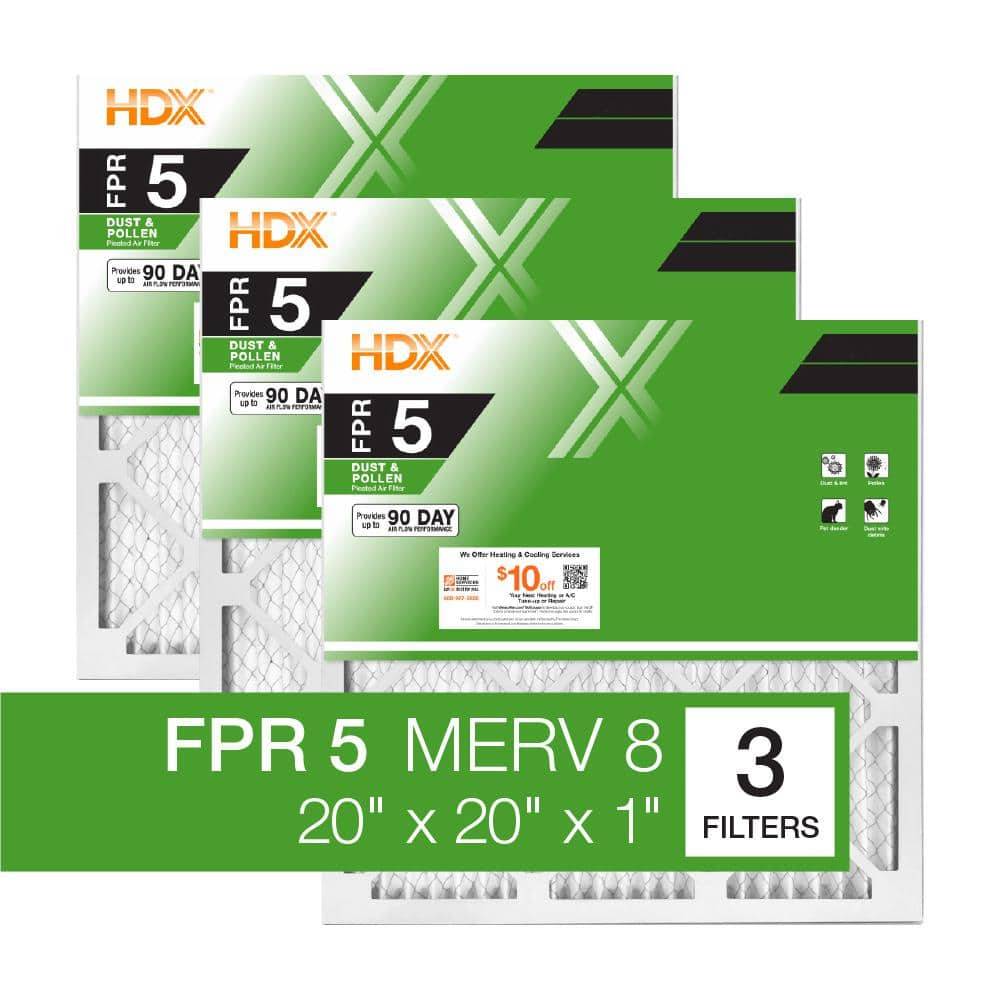 Hdx 20 In. X 20 In. X 1 In. Standard Pleated Furnace Air Filter Fpr 5, Merv 8 (3-Pack)