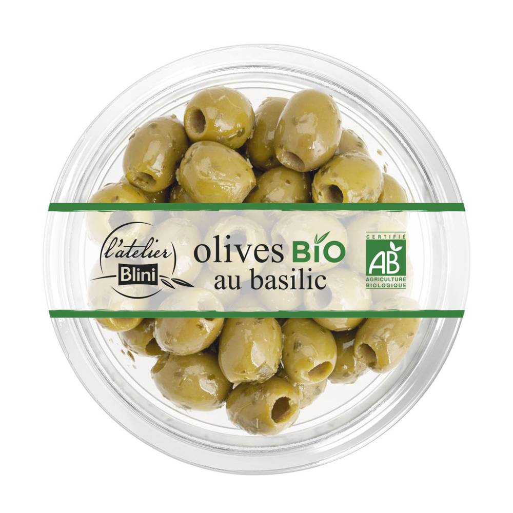 L'atelier Blini - Olives vertes dénoyautées au basilic bio (150g)