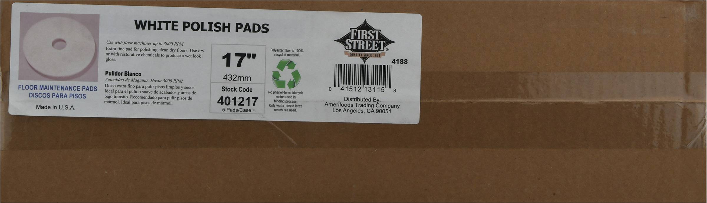 First Street Polish Pads Floor Maintenance Pads, 17 in, White (5 ct)