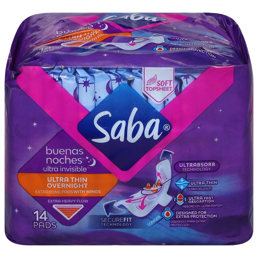 Saba Ultra Invisible Ultra Thin Overnight Pads With Wings (4.2 oz)