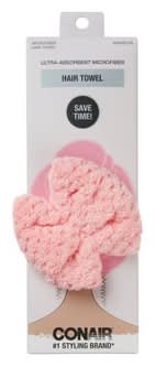 Conair Ultra-Absorbent Microfiber Hair Towel With Bow & Button Closure, 25x10 in, Pink