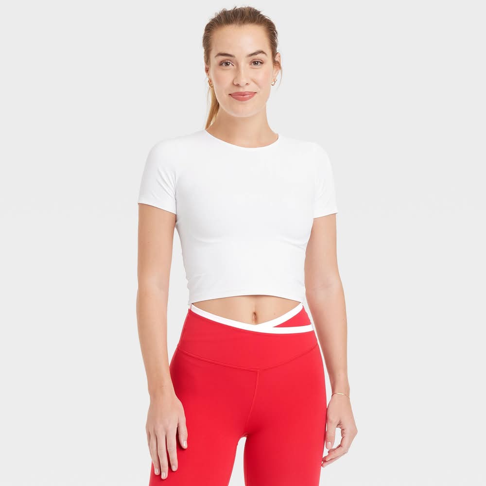 Women's Everyday Soft Cropped Short Sleeve T-Shirt - All In Motion™ White XXL: Moisture Wicking, UPF 50+