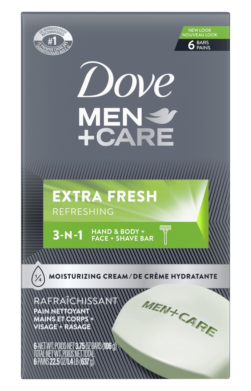 Dove Men + Care 3-in-1 Soap Bar, Extra Fresh, Men (6 x 3.75 oz)