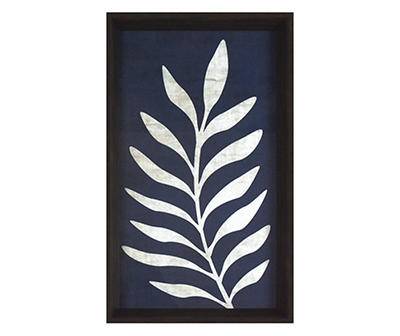 Dark Blue & White Leaf Curving Left Framed Art, (9" x 16")