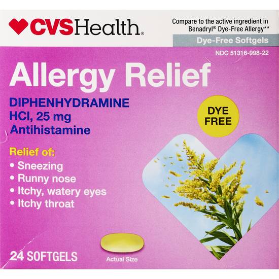 CVS Health Allergy Relief Diphenhydramine HCl Dye Free Softgels, 24 CT