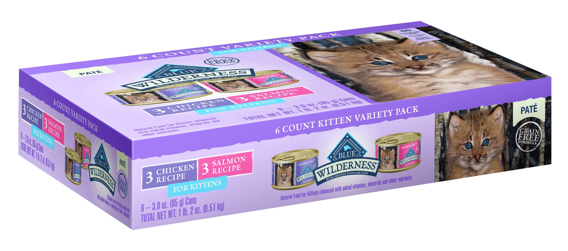 Blue Buffalo Wilderness Pate Cat Food Variety pack, Chicken-Salmon, Kitten (6 x 3 oz)