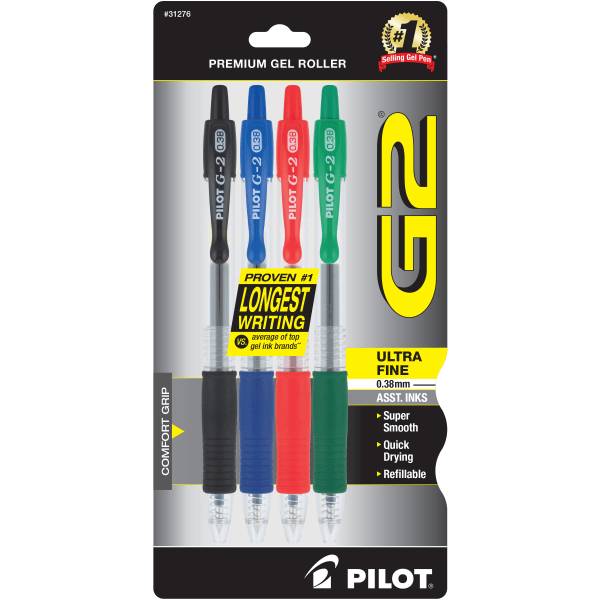 Pilot Ultra Fine Point 0.38 mm Black, Assorted Barrels Ink Colors G-2 Retractable Gel Pens