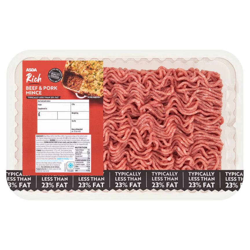 ASDA Beef & Pork Mince (Typically Less Than 23% Fat) 750G