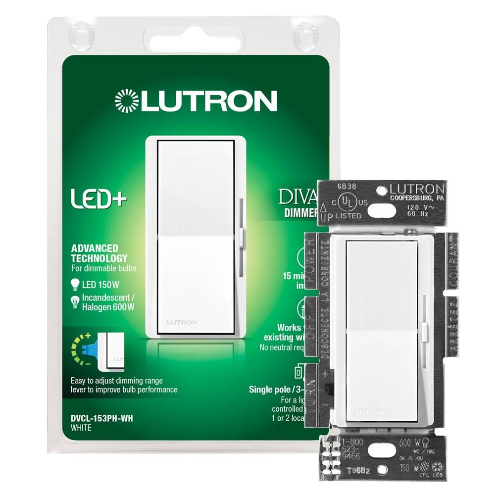 Lutron Diva Single-pole/3-way LED Rocker Light Dimmer Switch, White | DVCL-153PH-WH