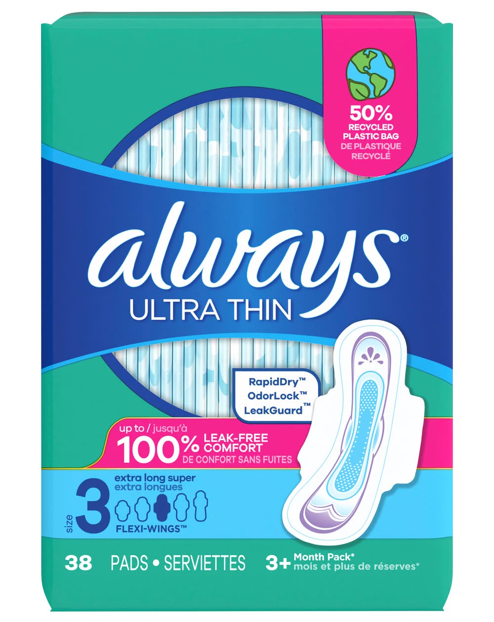 Always 100% Leak Free Comfort Ultra Thin Super Pads, Women, 3 (38 ct)