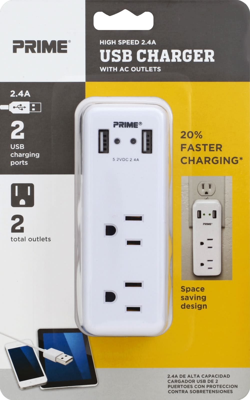 Prime High Speeds 2.4a Usb Charger With Ac Outlets (7.1 oz)