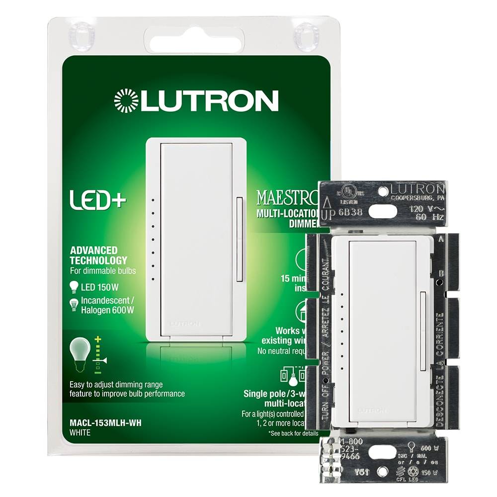 Lutron Maestro Single-pole/3-way LED Rocker Light Dimmer Switch, White | MACL-153MLH-WH