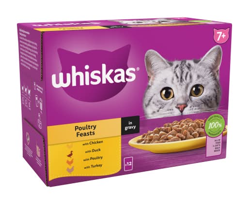 Whiskas Chicken- Duck- Poultry -Turkey, 7+ Poultry Feasts Senior Wet Cat Food Pouches (12 pack)