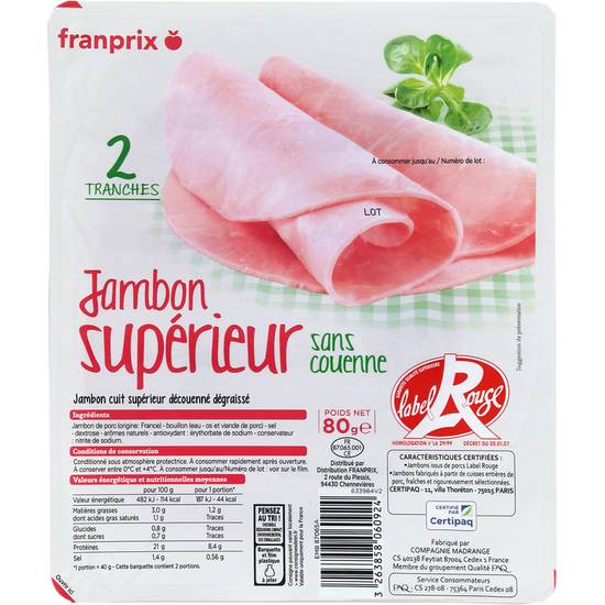 Jambon supérieur sans couenne Label Rouge franprix 2x40g
