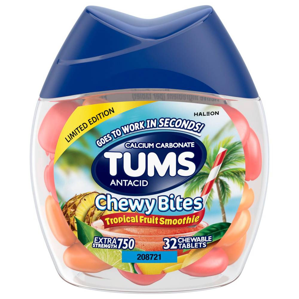 Tums Chewable Antacid Tablets For Heartburn Relief, Tropical Fruit (32 ct)