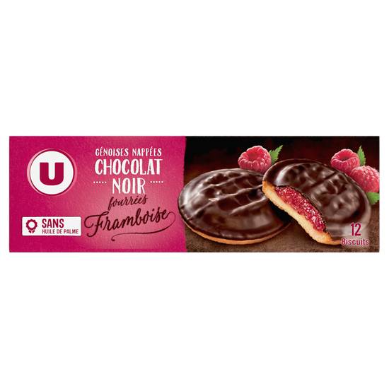 U - Biscuits fourrés à la framboise nappés de chocolat noir