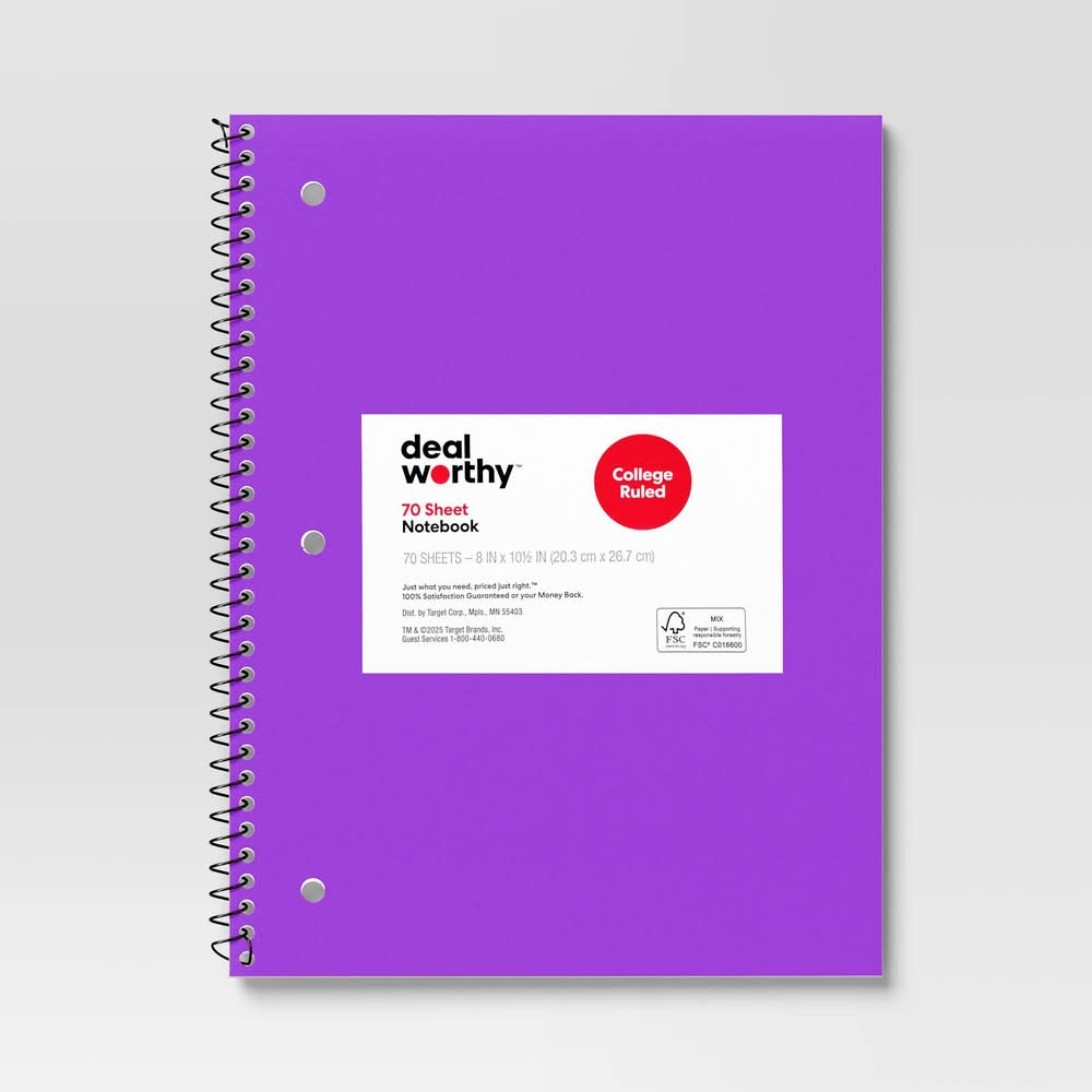 Dealworthy Subject Spiral Notebook Wide Ruled, Purple