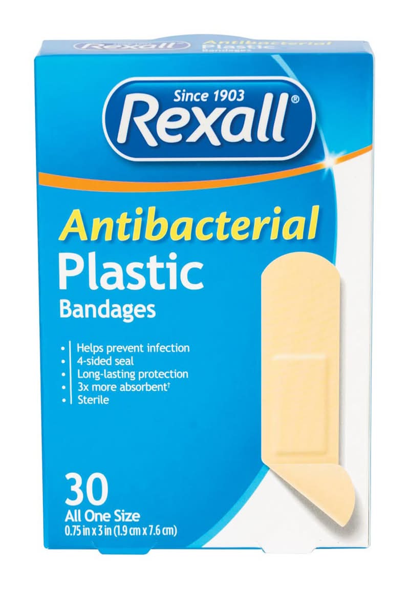 Rexall Antibacterial Plastic Bandages, 0.75x3 in (30 ct)