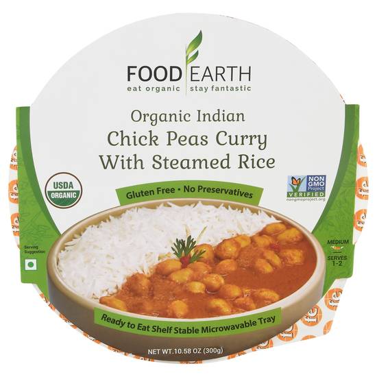 Food Earth Organic Indian Chick Peas Curry With Steamed Rice Meal