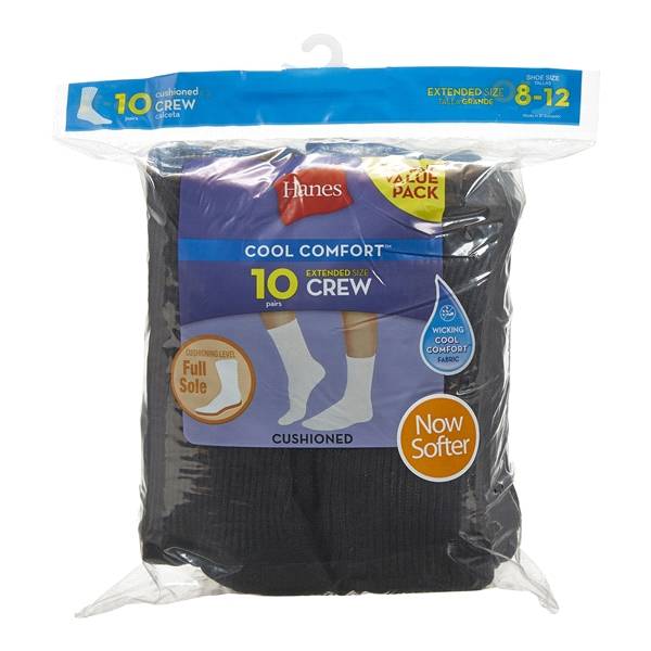 Hanes Cushioned Women's Crew Athletic Socks, Black, 10 Pack, Size 8-12