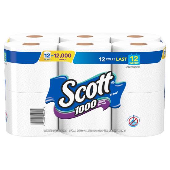 Scott Per Rolls One-Ply Unscented 1000 Sheets Bathroom Tissue (12 ct)