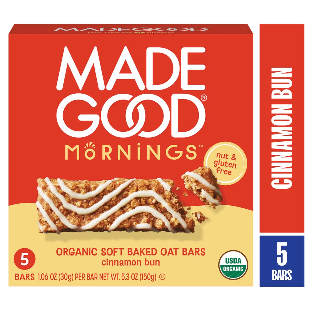 MadeGood Mornings Soft Baked Cinnamon Bun Flavor Oat Bars, Cinnamon Bun (5.3 oz, 5 ct)