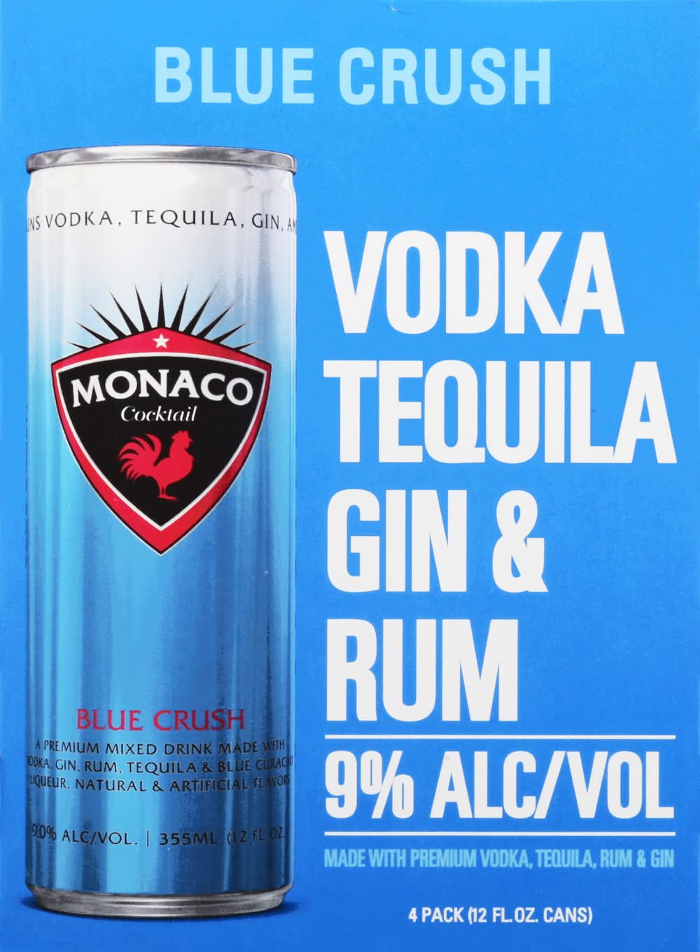 Monaco Vodka Tequila Gin & Rum, Blue Crush (4 x 12 fl oz)
