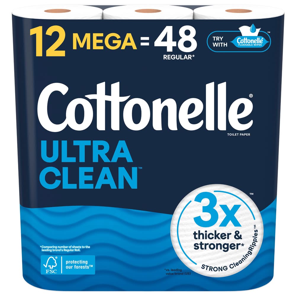 Cottonelle Ultra Clean Strong Tissue Toilet Paper Rolls, White (12 ct)