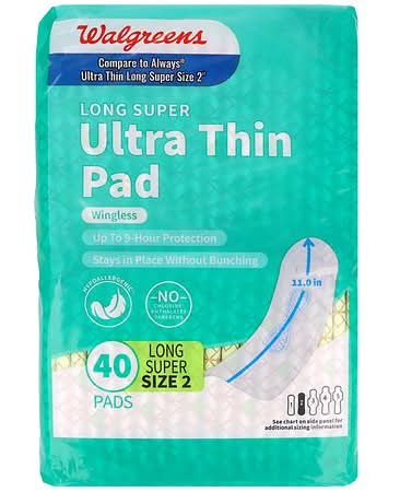 Walgreens Ultra Thin Long Super Maxi Pads Without Wings Unscented, Size 2 (40 ct)