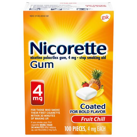 Nicorette Nicotine Gum Stop Smoking Aid, Fruit Chill, 4mg - 100 ct