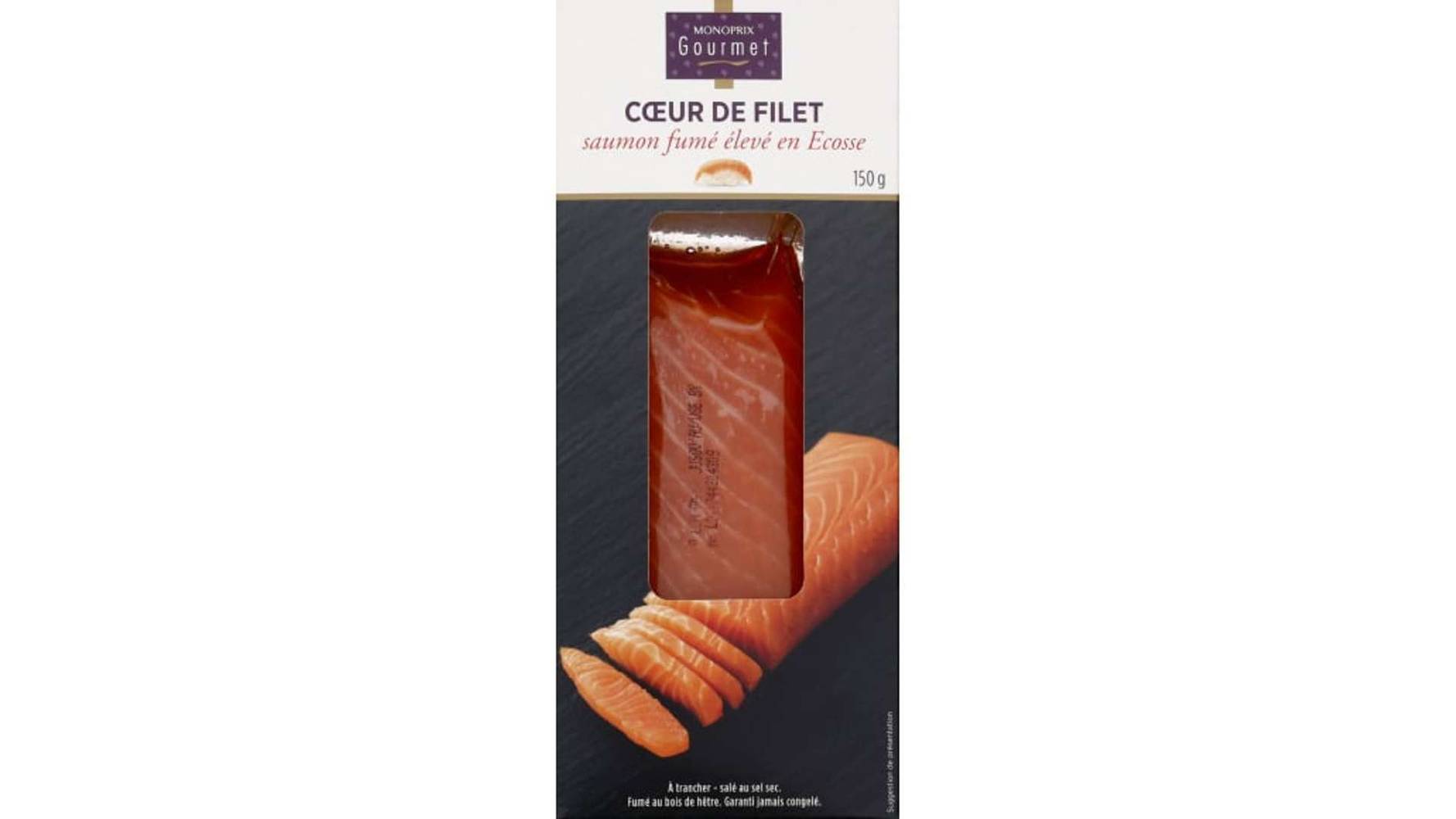 Monoprix Gourmet Coeur de filet de saumon fumé élevé en Ecosse La boîte de 150 g