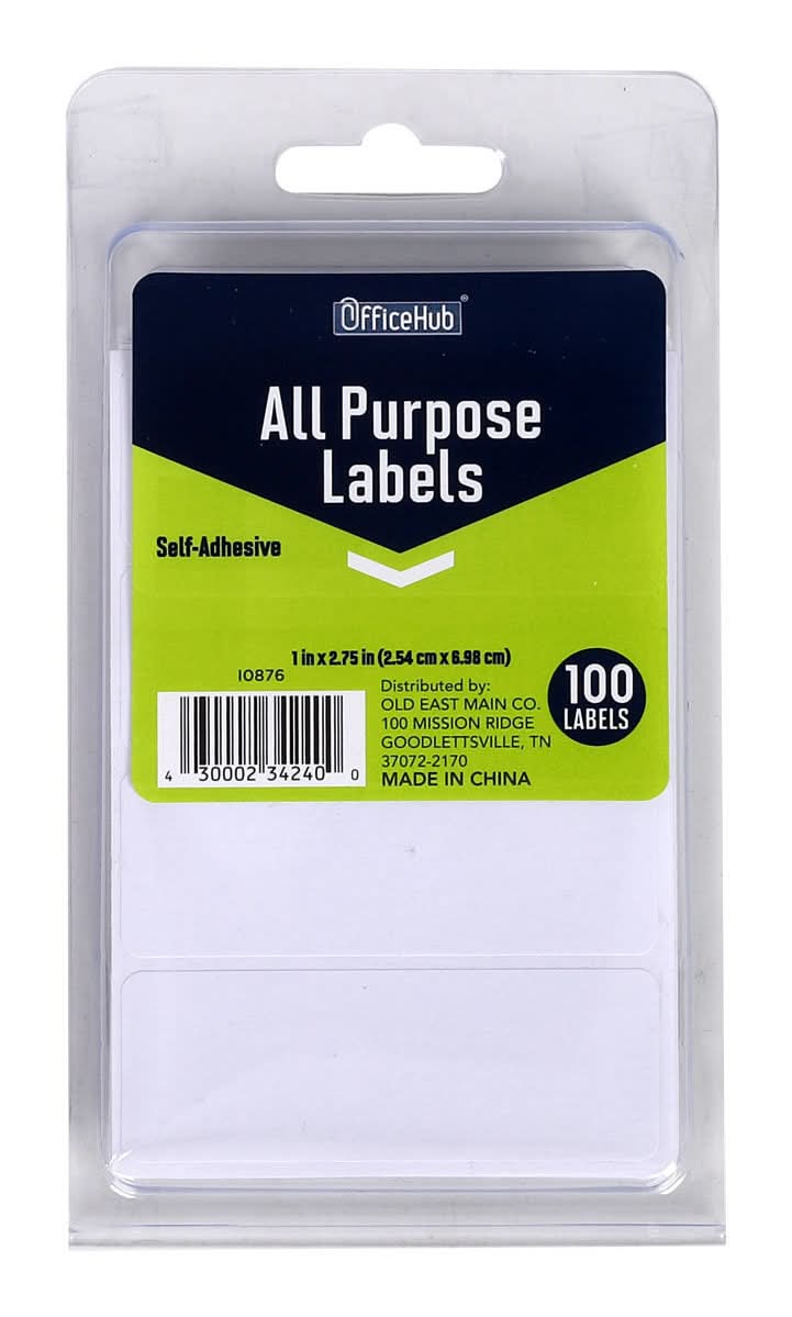 OfficeHub All Purpose Self-Adhesive Labels, 1x2.75 in, White (100 ct)