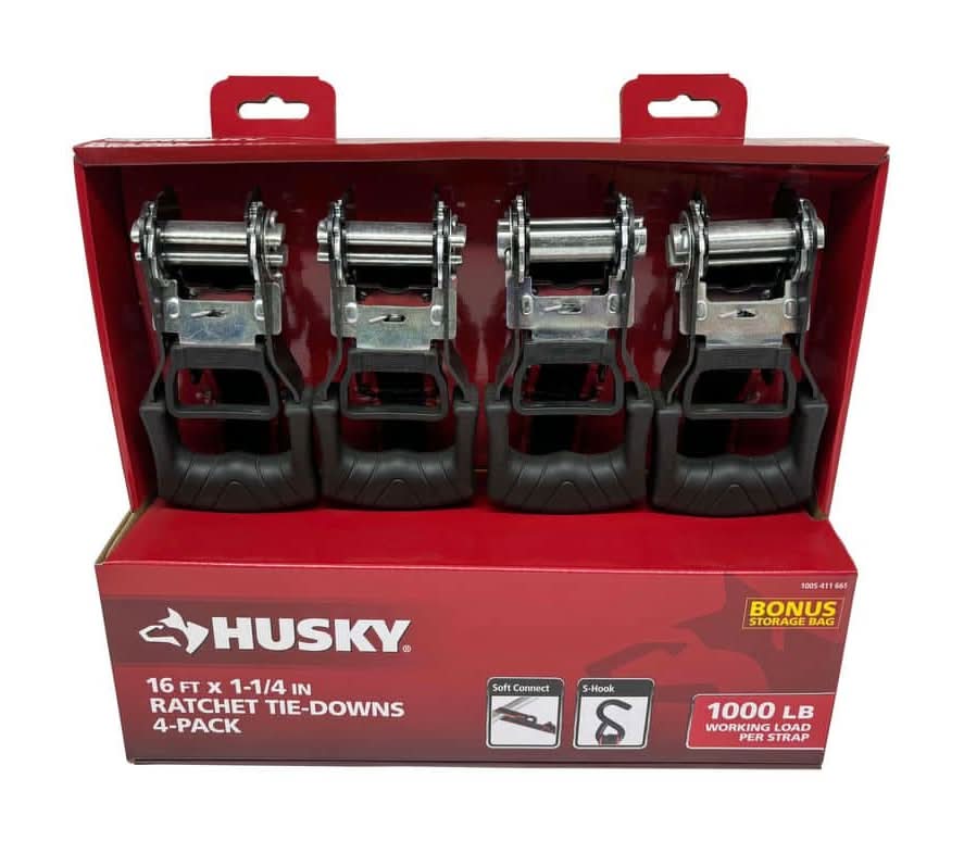 Husky 16 Ft. 1.25 In. Ratchet Tie-Down Straps With S-Hook (4-Pack)