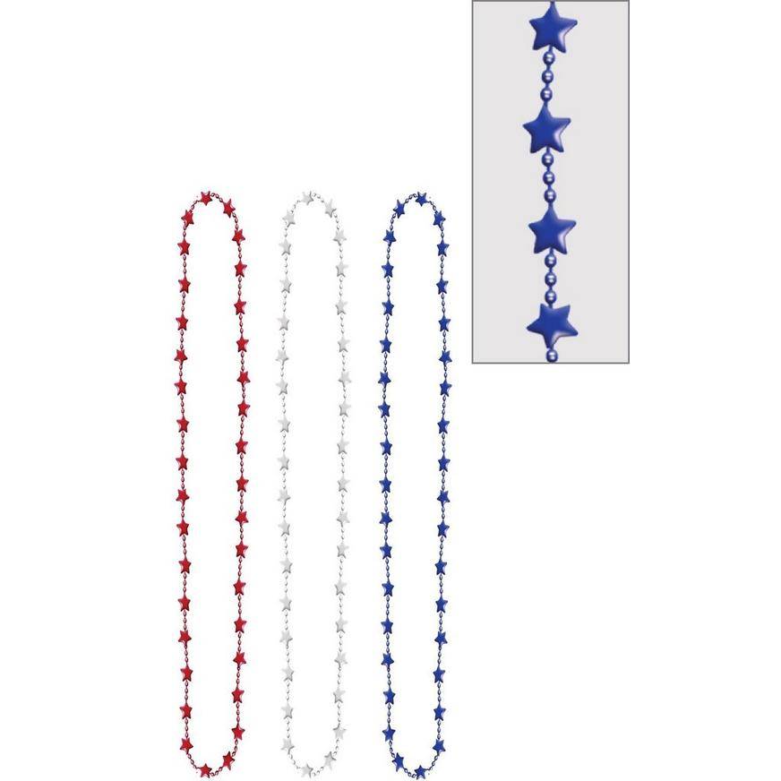 Metallic Patriotic Red, White Blue Star Bead Necklaces, 3ct