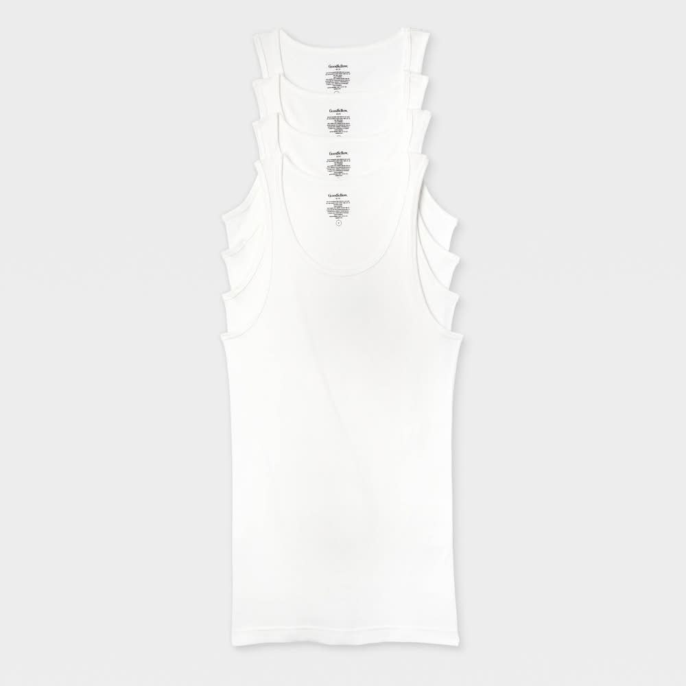 Goodfellow & Co. Scoopneck Cotton Sleeveless Undershirts Ribbed Tank Top, Men, L, White (4 ct)